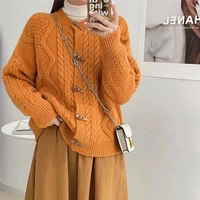 korean fashion horn button sweater coat women autumn and winter loose long sleeve twist knitted cardigan blusa de frio feminina