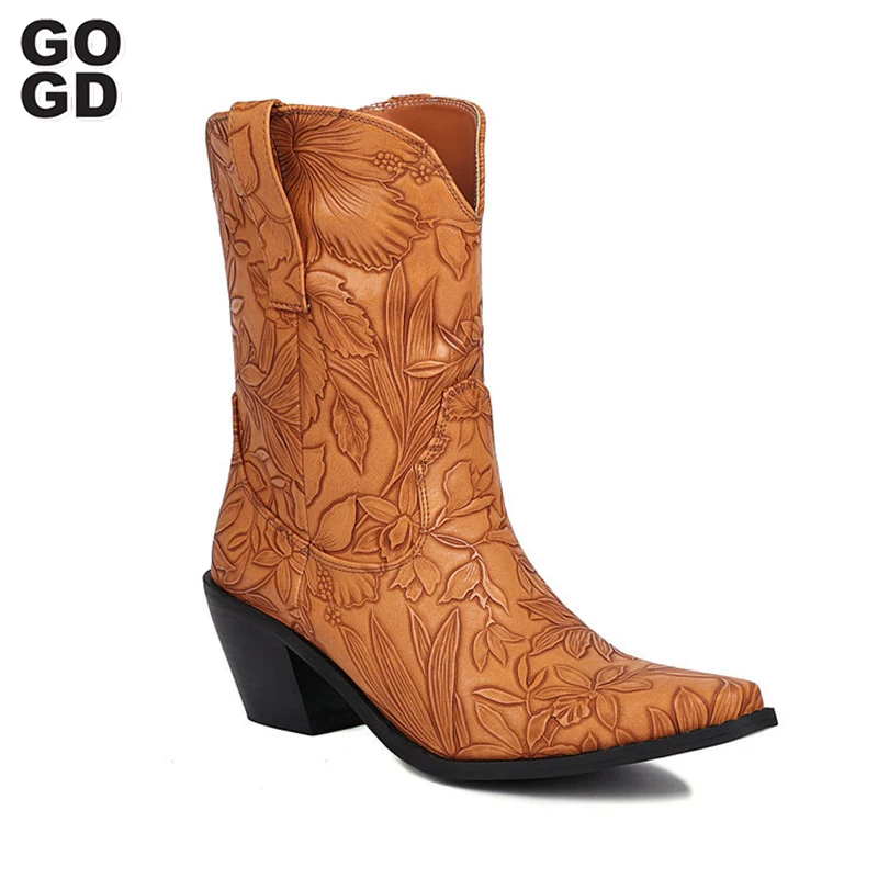 

GOGD Brand Fashion Women's Ankle Boots Flower Embroidery Chunky Heels Western Cowboy Cowgirl Chelsea Boots Pointed Toe Shoes