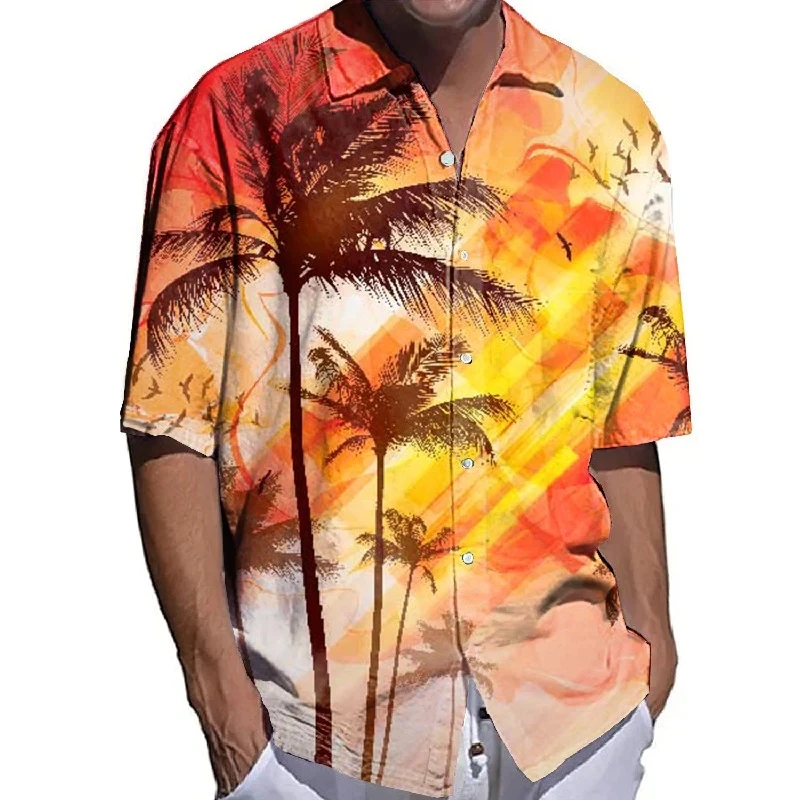 2023 New Summer Men's Shirts Coconut Tree 3D Retro Chic Sunset Beach Print Hawaiian Short-sleeved Man Harajuku Ropa Hombre