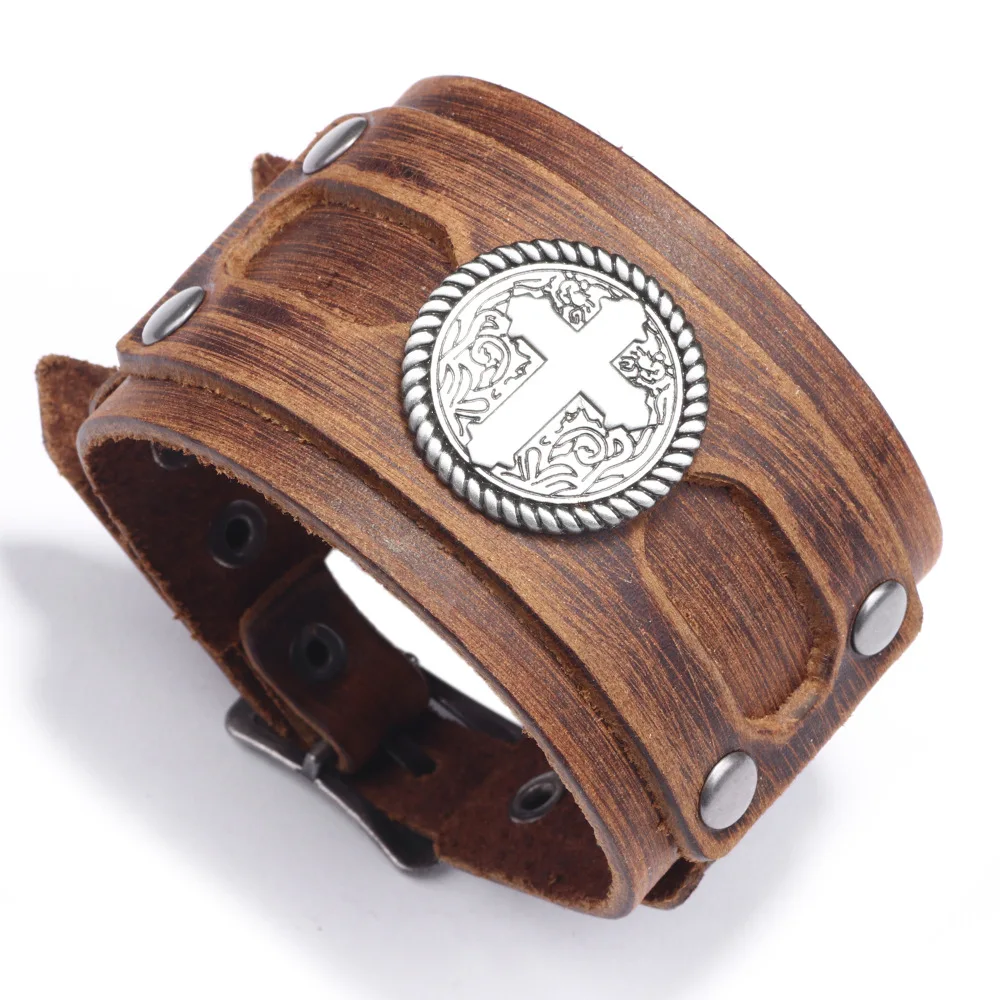 

Viking wide leather bracelet men's steampunk cross retro leather bracelet men's accessories ladies jewelry gift wholesale