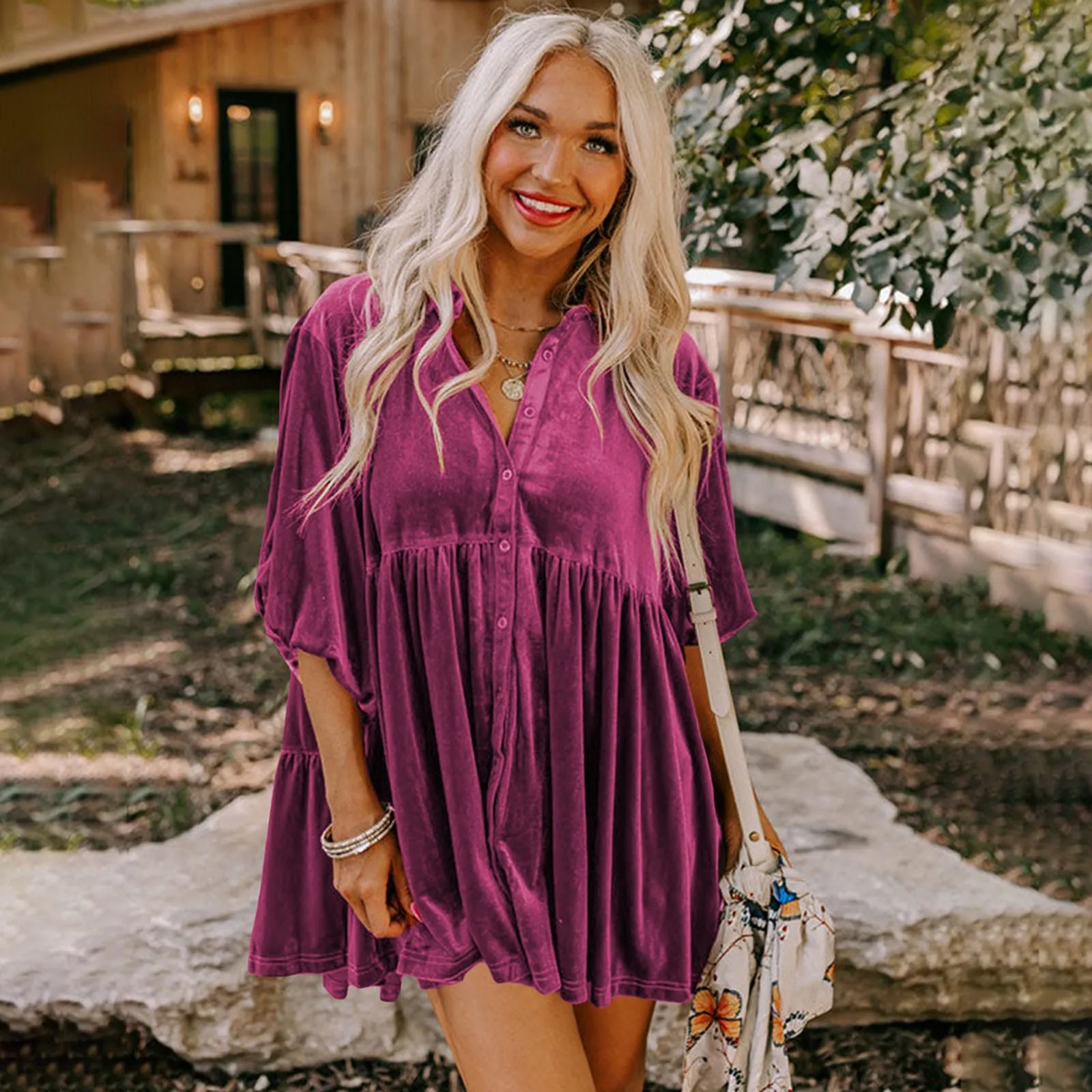 

Womens Velvet Dress Button Down T Shirt 3/4 Sleeve Tunic Tops Casual Lapel Mini Dress Baggy Pullovers Daily Casual