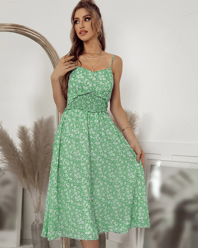 

Ladies Dresses Summer 2022 Casual V Neck Floral Print Dress Sleeveless Sling High Waist Loose Swing Dress
