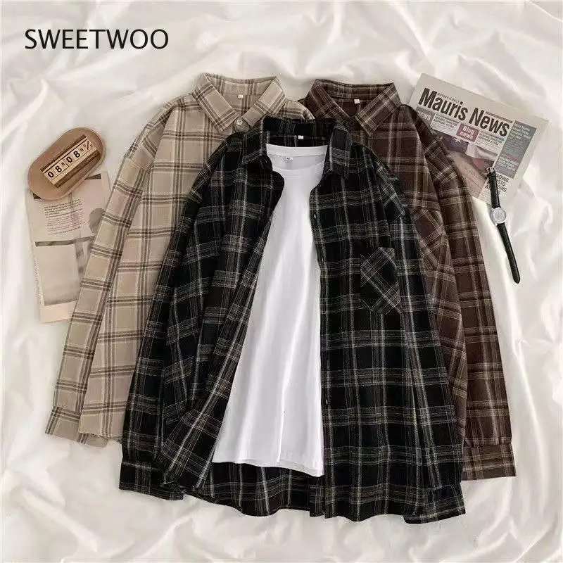 

Vintage Plaid Shirts Women Autumn Long Sleeve Oversize Button Up Shirt Korean Fashion Casual Fall Outwear Tops Blusas Mujer 2022