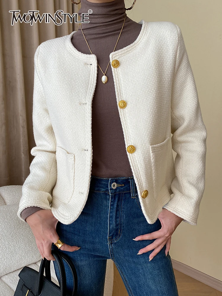 

Женская однотонная Элегантная куртка TWOTWINSTYLE, винтажная однобортная куртка составного кроя с круглым вырезом и длинными рукавами, 2023