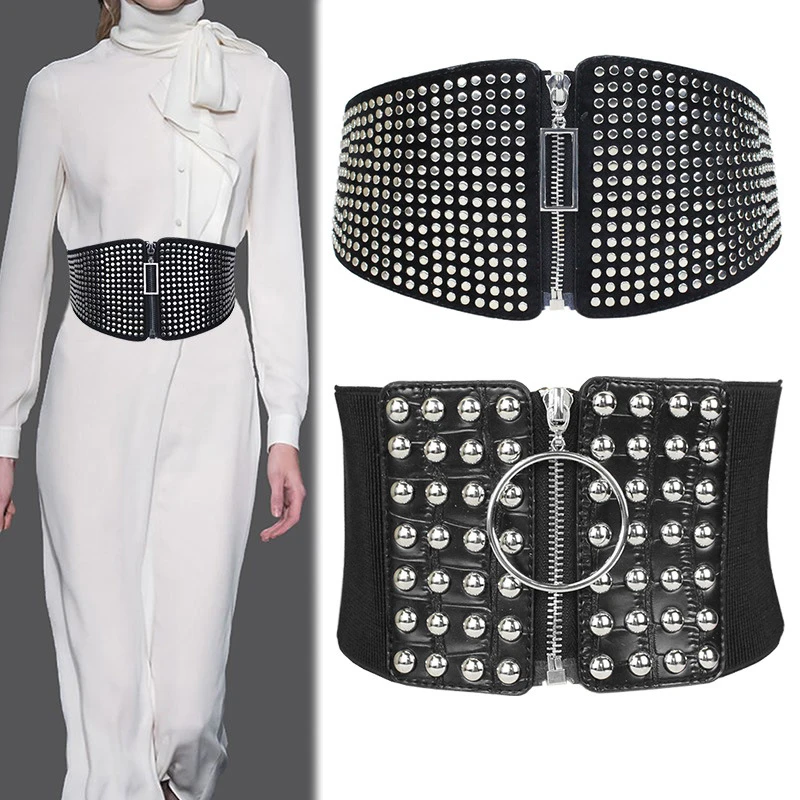 

Ladies Zipper Dress Corset Decorative Waist Belt Elastic Knitted Black Waistband Ultra Wide Corset Wide Rivet Cummerbund Belts