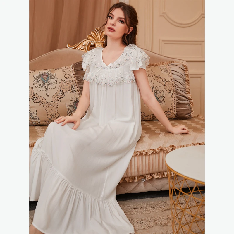 MAYMOLI Palace Style Women's Home Dress Solid Color V -neck Beaded Lace Night Dresses Sleepwear 2022 Fashion Nightie