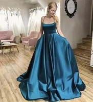 spaghetti straps a line evening dresses with pockets sweep train lace up back ruched satin formal prom party gowns custom made