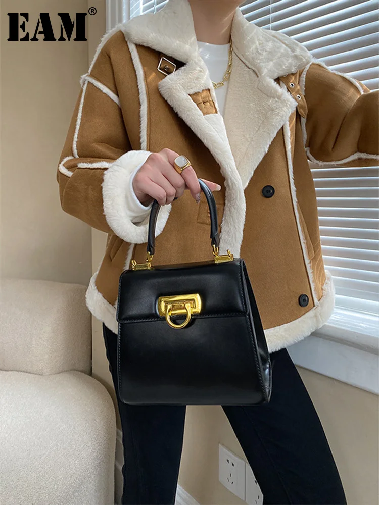 

[EAM] Camel Lambswool Big Size Warm Big Size Jacket New Lapel Long Sleeve Women Coat Fashion Tide Autumn Winter 2023 1DF3826