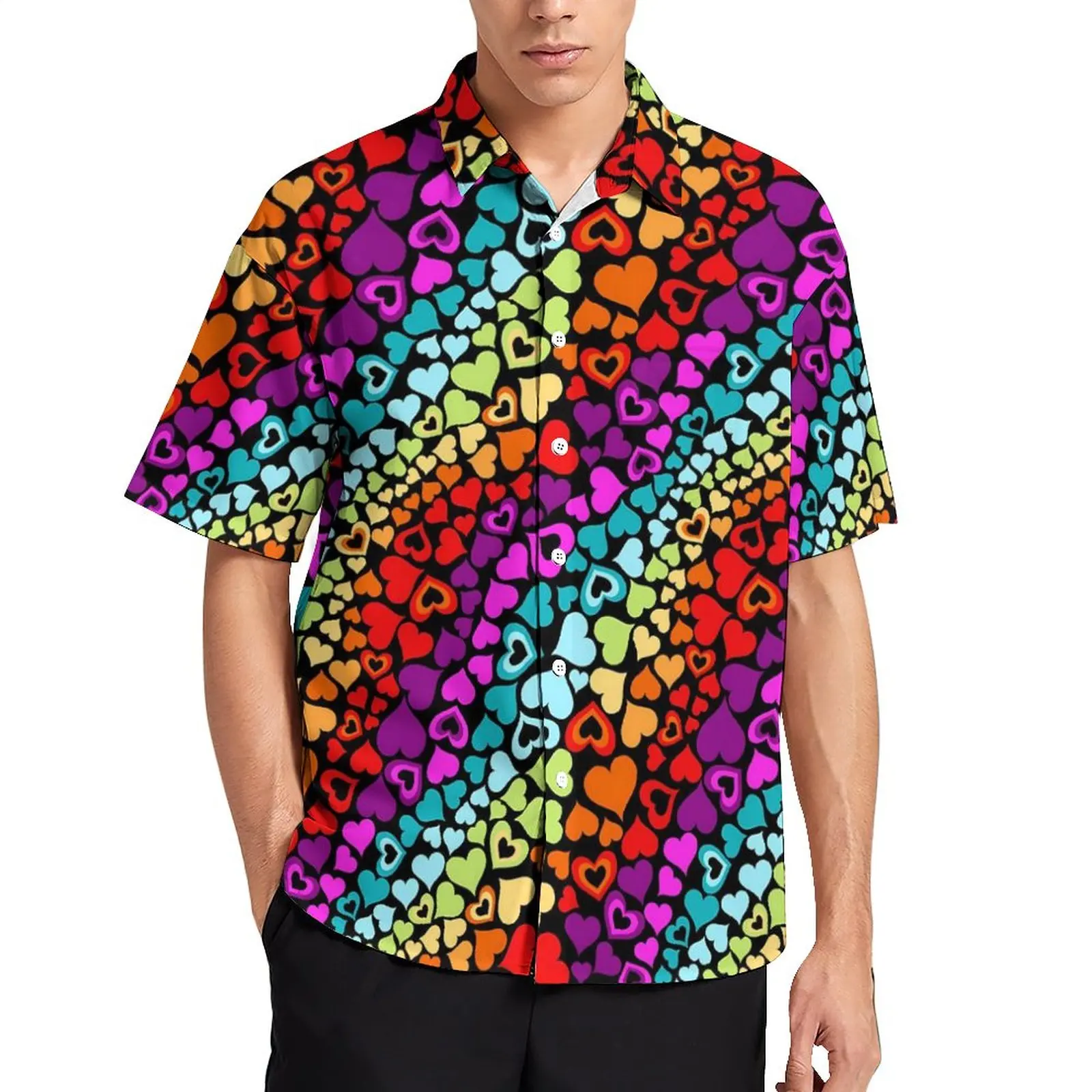 

Rainbow Love Hearts Vacation Shirt Valentine Hawaiian Casual Shirts Men Stylish Blouses Short Sleeve Design Tops Plus Size 4XL