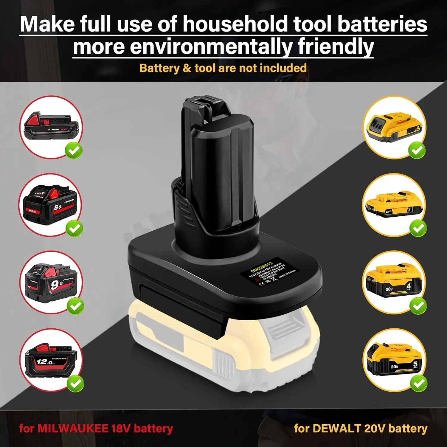 Фото Конвертер DM20BS12 для инструментов Dewalt 20V в Bosch 12V, адаптер для аккумуляторов Milwaukee 18V в Bosch 12V GBA для электроинструментов. №1
