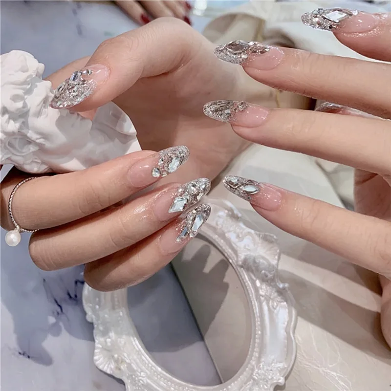 

24 Pieces of Color Pattern Wearable Pearl Long False Nails Fashion Professional Beauty Products Nails Enhancement for Girls