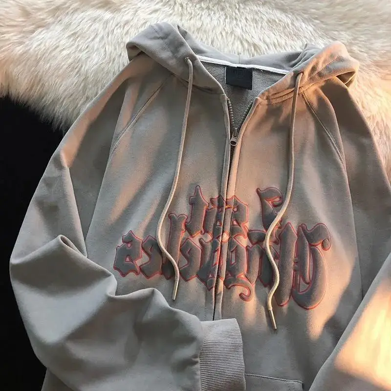 Уличная одежда в стиле ретро y2k с надписью темно-серый кардиган капюшоном на