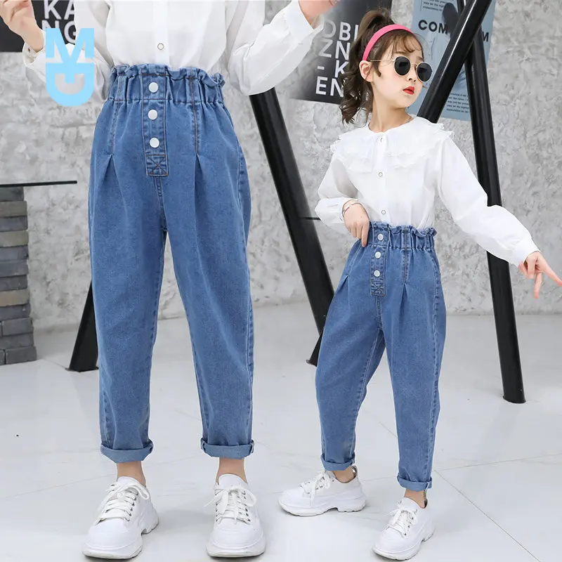 

New Teenager Jeans for Girls High Waist Elastic Denim Pencil Pants Solid Color Children's Trousers Costumes 5 7 9 11 13 14 Years