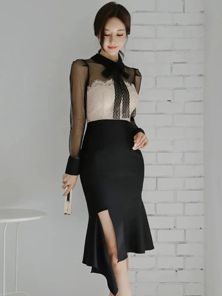 Элегантное вечернее платье с бантом на шее черное Сетчатое Кружевное облегающее