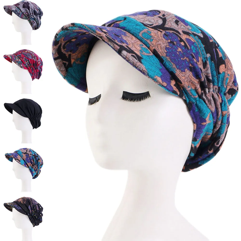 

Muslim Women Print Hat Beanies Hair Loss Chemo Cap Headscarf Wraps Visor Thick Berets Turban Femme Headwear Baggy Skullies Cover