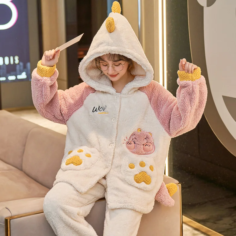 FUNISHI Winter Pajamas Plus Size 3XL Women's pajamas Plush Loose Version Hooded Pajama Set Cartoon Inspissate пижама женская