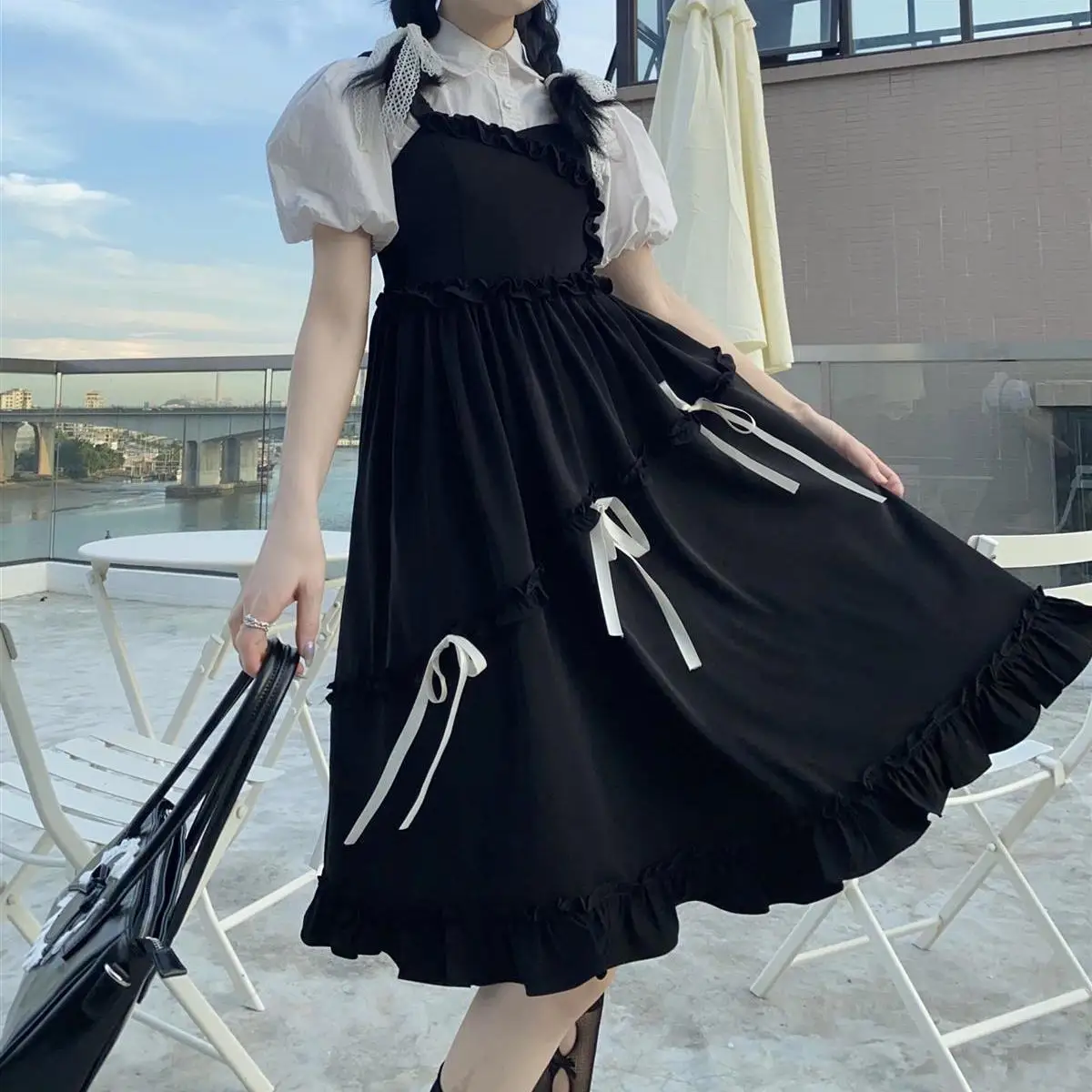 

Korean Version Stitching Bow Strap Waist Dress Female Student + Fashionable All-match Short-sleeved Shirt Summer Suit