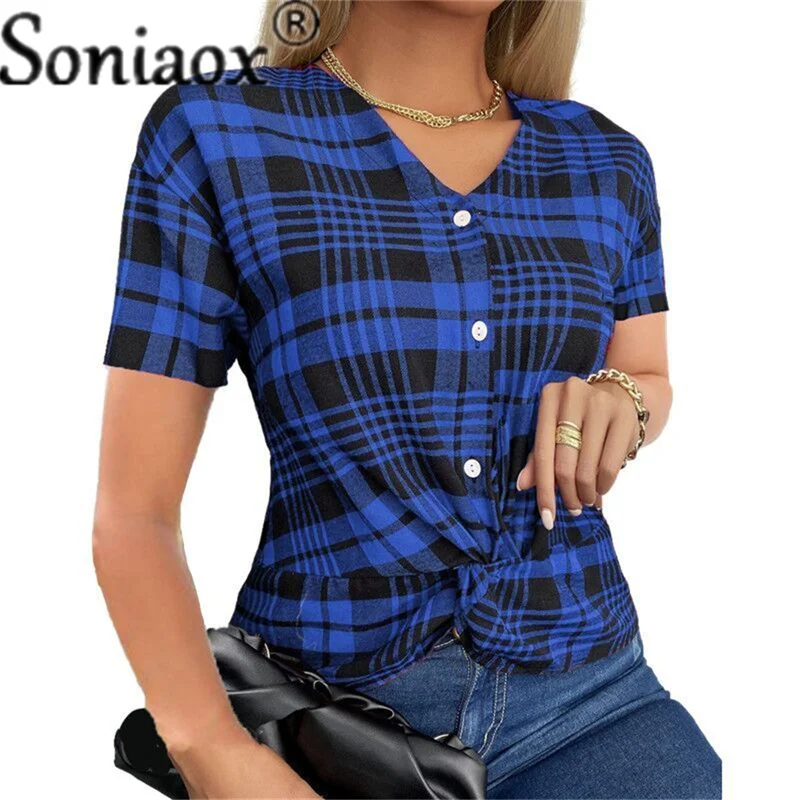 Женская блузка с коротким рукавом V-образным вырезом и принтом в клетку |