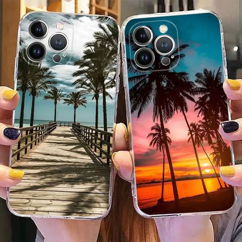 

Beach Sunset With Palm Tree Phone Case For iPhone 14 13 12 11 Pro Max XS X XR SE 2020 6 7 8 Plus Mini Transparent Shell