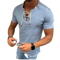denim mens lace up shirt v neck short sleeves solid color fringed stretch summer fashion new slimming mens casual t shirt 807