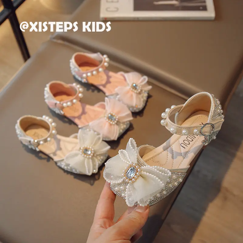 

Princess Girls Beading Leather Party Shoes for 3-12Y Toddler Dress Shoes with Bow Decoration Pink Beige Baby Girl Shoes