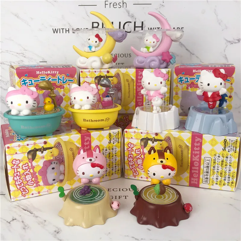 

Original Sanrio Hello Kitty Cute Blind Mystery Box Take A Bath Moon Stump Toys Kawaii Casual Scene Solid Cat Doll Anime Figure
