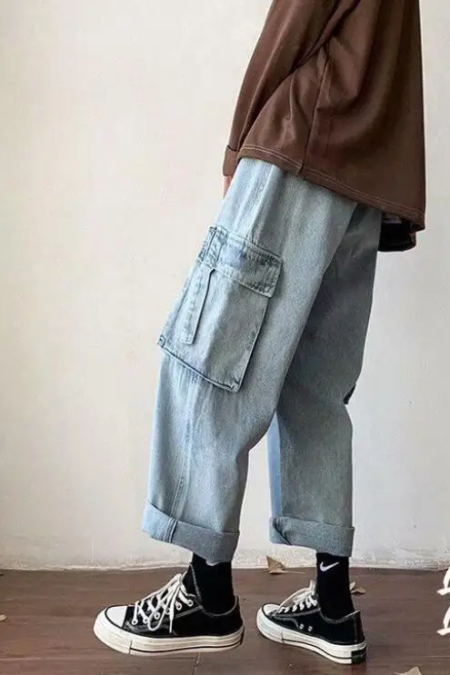 Retro Washed Workwear Jeans Men Trend Loose Wide Leg Nine Points Pants Baggy Jeans