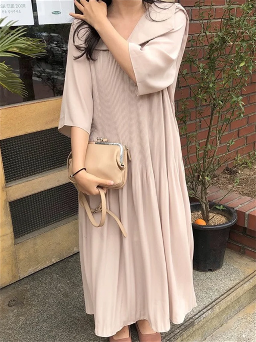 

HziriP Minimalist Retro Women Long Straight Dress Elegant Sailor Collar Loose New Chic Summer Fashion Casual Work Wear Prom OL