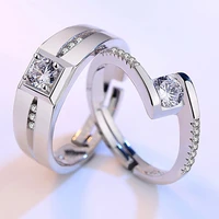 1pair resizeable copper plated 30 silver crystal zircon couple ring men women finger jewelry valentines gift free shipping