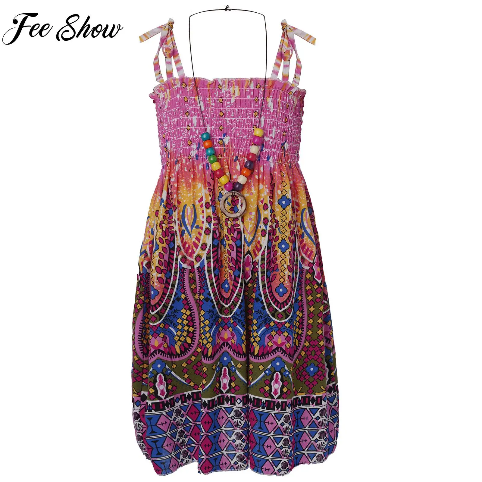 

Summer Girls Bohemian Dresses Off Shoulder Floral Sleeveless Rainbow Beach Suspender Dress with Necklace