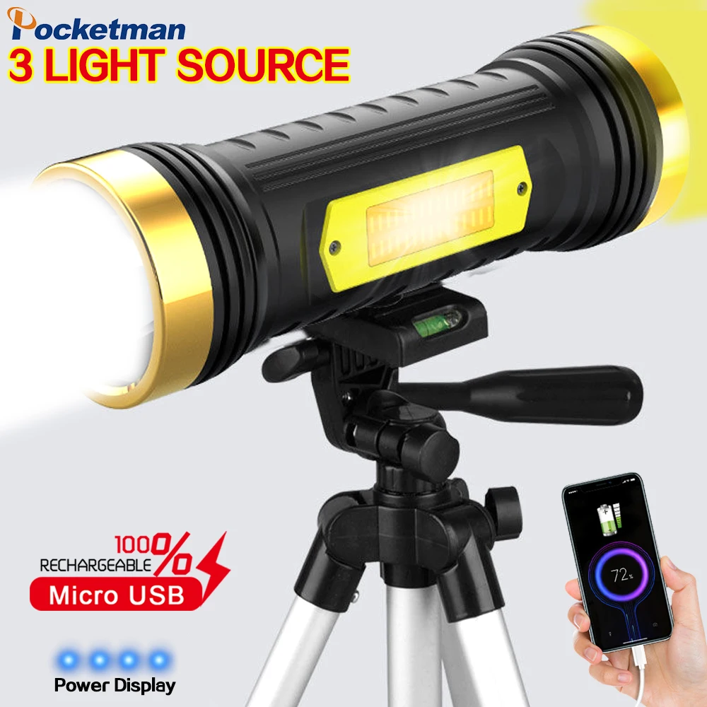 

High Power LED Yellow White Light Flashlight USB Rechargeable Powerful LED Flashlight Camping Fishing Super Bright Flashlight