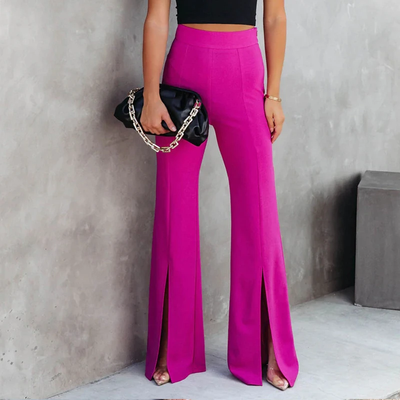 

Женские брюки-клеш с высокой талией, офисные элегантные облегающие Дизайнерские Длинные брюки с разрезом, однотонные повседневные Костюмн...