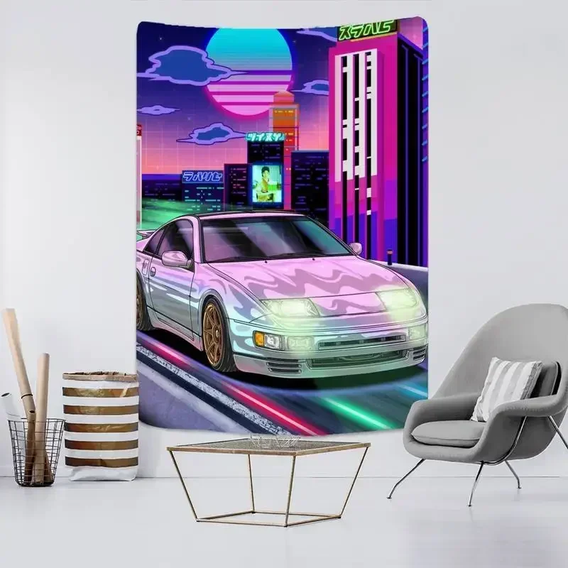 JDM Mobil Jepang Game Balap Keren pупамаap Neon Olahraga Skyline Matahari Terbenam Permadani Dinding Gantung