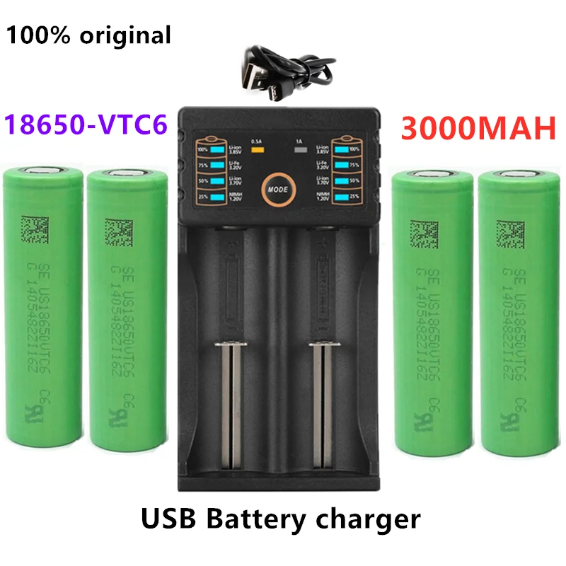 

100%novabateriaoriginalde íonde lítio3.7v3000mah,bateriaparasonyus18650vtc6 18650mah 3000 bateria 18650 v + 1 carregador usb