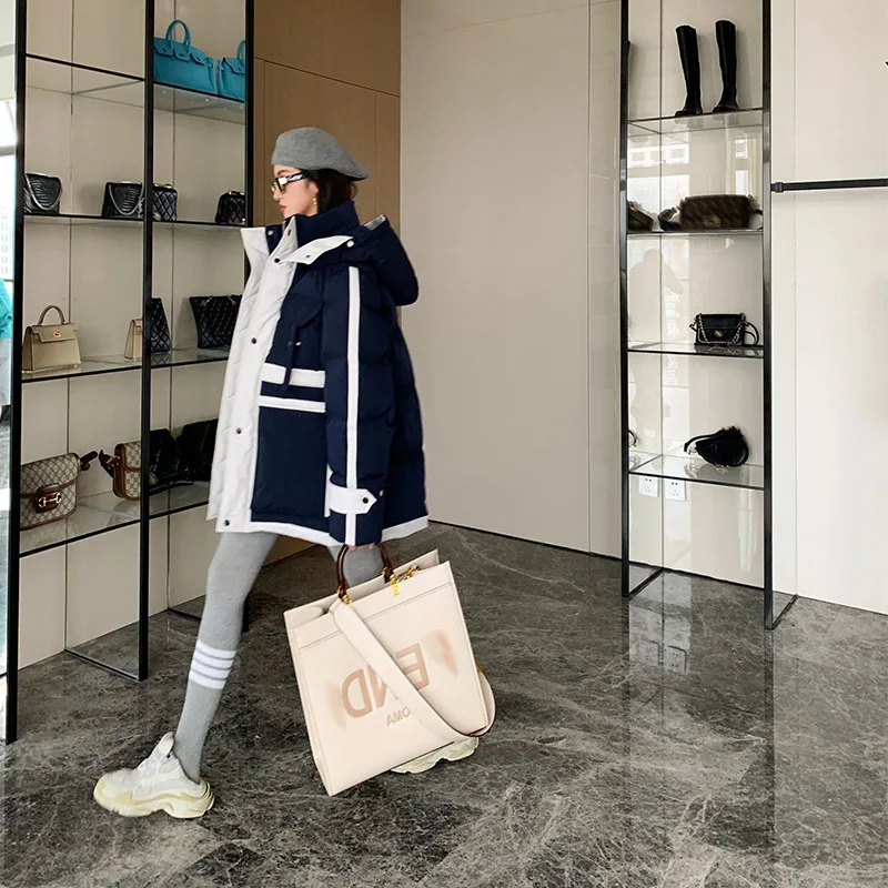 Winter Down Jacket White Duck Down Men and Women with The Same Paragraph Colour Blocking Thickened Medium-length Couples Jacket