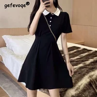 womens summer casual short sleeve button black mini dress vintage french style harajuku sweet chic ladies dresses clothing 2022