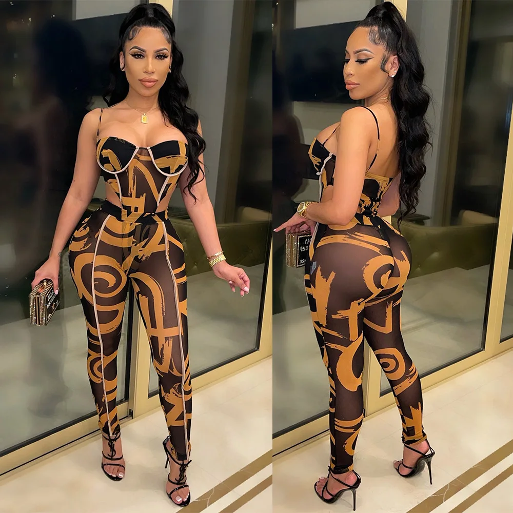 

Zoctuo Women Crop Top And Pencil Pants Set Sexy Club Outfit Matching Suit Bodycon 2 Two Piece Sets Birthday Party Brown Printing