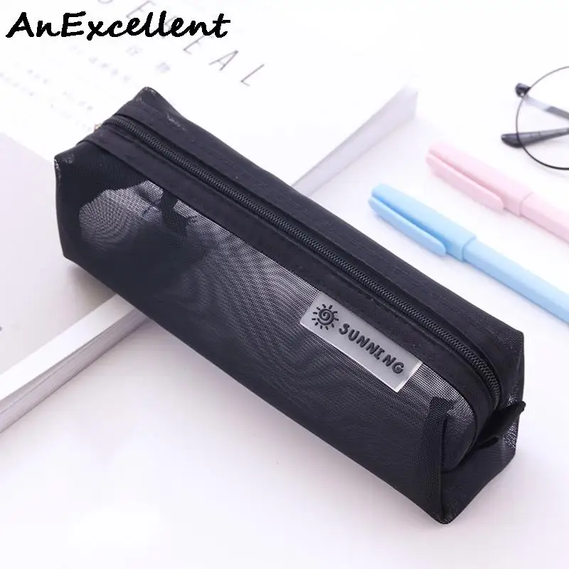 

Mesh Transparent Nylon Pencil Case Large Capacity Office Student Pencil Pen Cases Cosmetic Makeup Storage Bag School Supplies