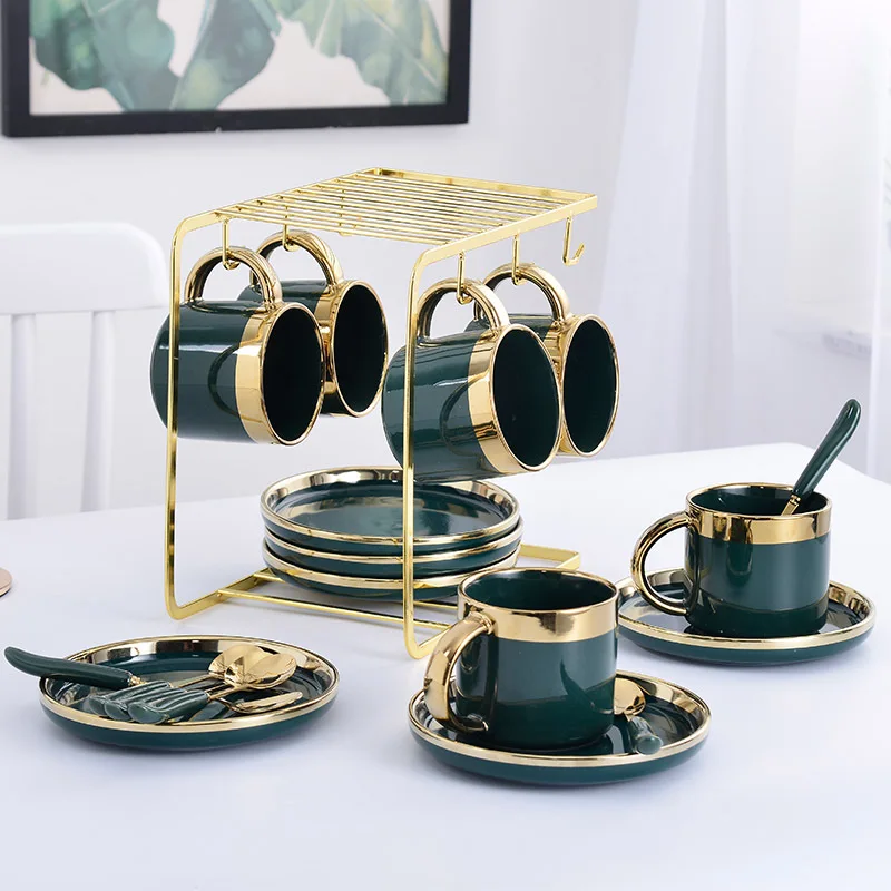 

European luxury ceramic coffee cup set 6 pieces with dish spoon gift box set mug milk tea coffee green drink 600ml gift