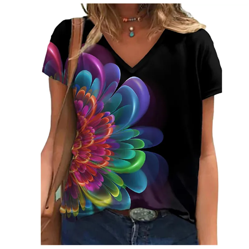 

2022 Summer Women Vintage 3D Flower Print T-shirt Loose Short Sleeve V-Neck Casual Plus Size 4XL 5XL Tops
