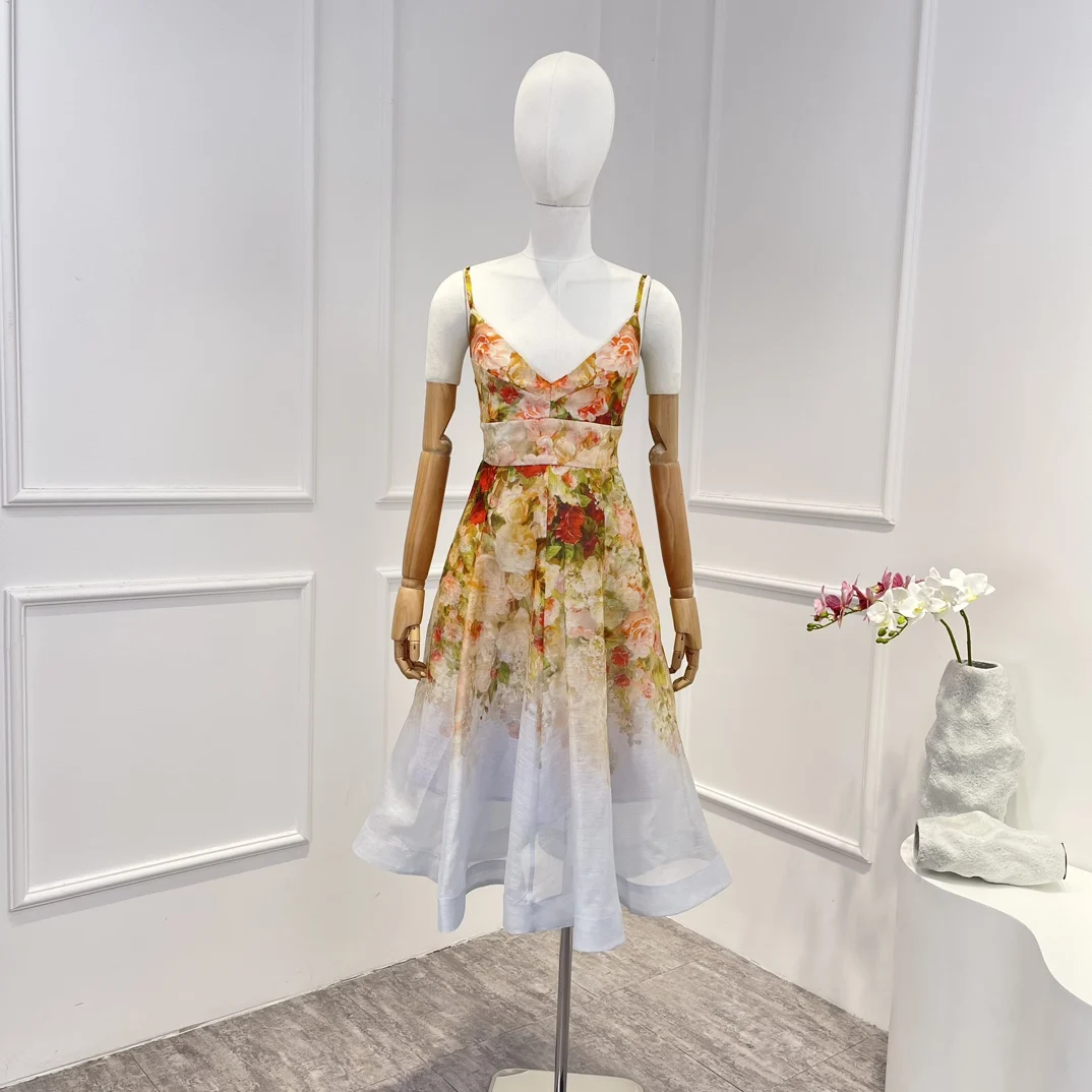

2023 New Linen Silk Floral Printing Shirred Vintage Summer Beach Style Sleeveless Pocket A-line Woman Elegant Mini Dress