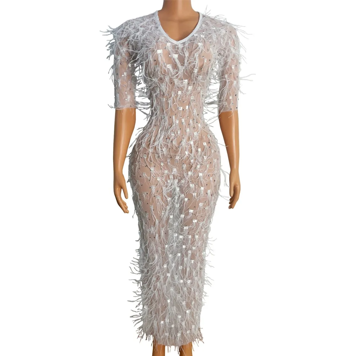 

Соблазнительное прозрачное сексуальное платье стразы с белыми перьями для празднования дня рождения, блестящий танцевальный костюм