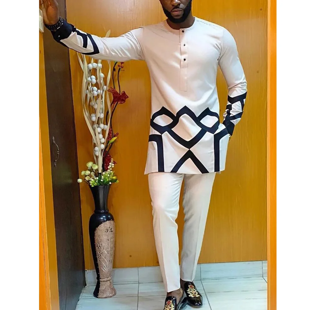 White Men's Suit African Ethnic Print Crew Neck Top Pants Two Piece Wedding Print Man Clothing Long Sleeve Shirt Trousers M-4xl