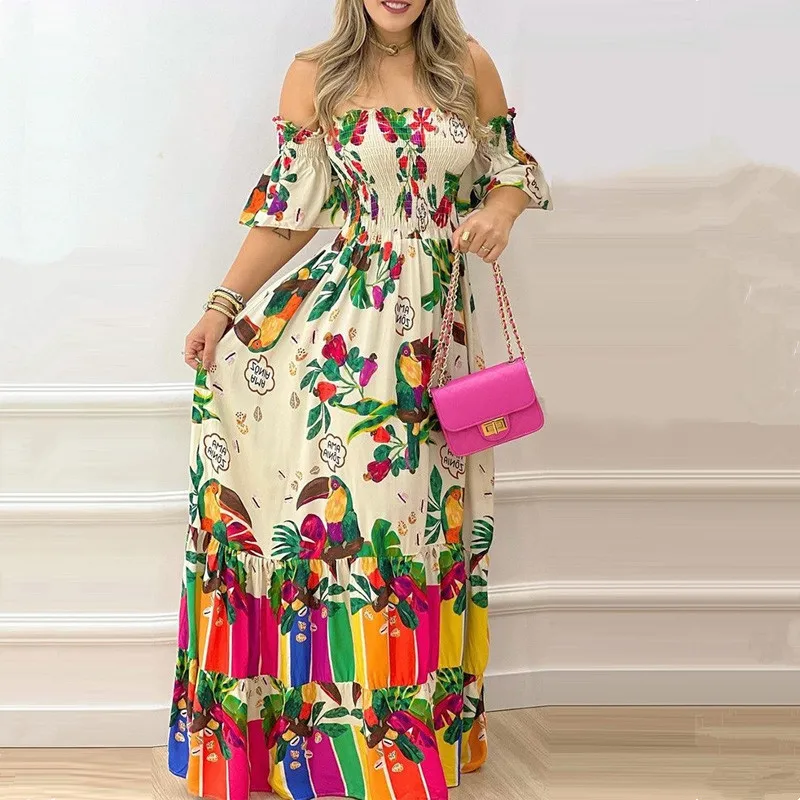 

2022 New Trendy Women Slash Neck Short Sleeve Summer Dress Animal Plants Print Shirred Frill Hem Maxi Dress