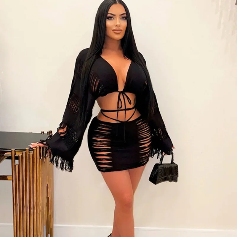 

Женский комплект из двух предметов, кружевной топ с открытыми плечами и юбка с глубоким вырезом на лето, 2023