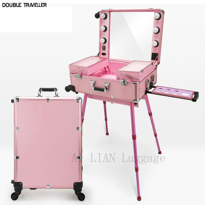 

Professional Rolling Cosmetic Case Beauty Makeup Trolley suitcase LED Light Mirror Box Pink Luggage Aluminum frame Folding table