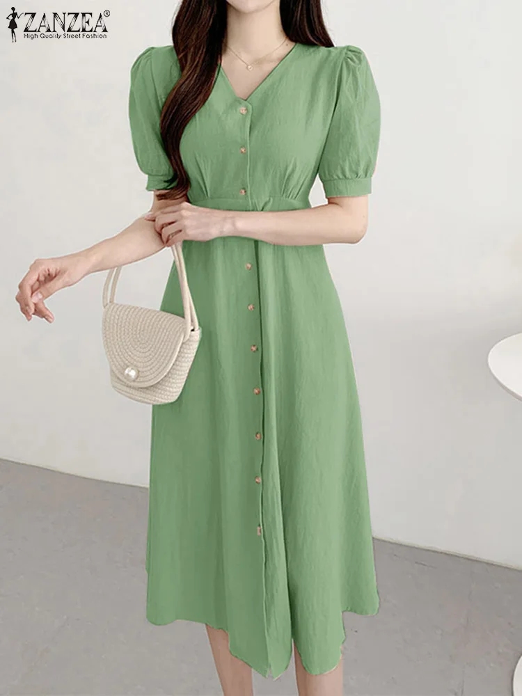 

Платье ZANZEA женское ТРАПЕЦИЕВИДНОЕ на шнуровке, элегантный однотонный модный винтажный офисный сарафан оверсайз с пышными рукавами, на лето