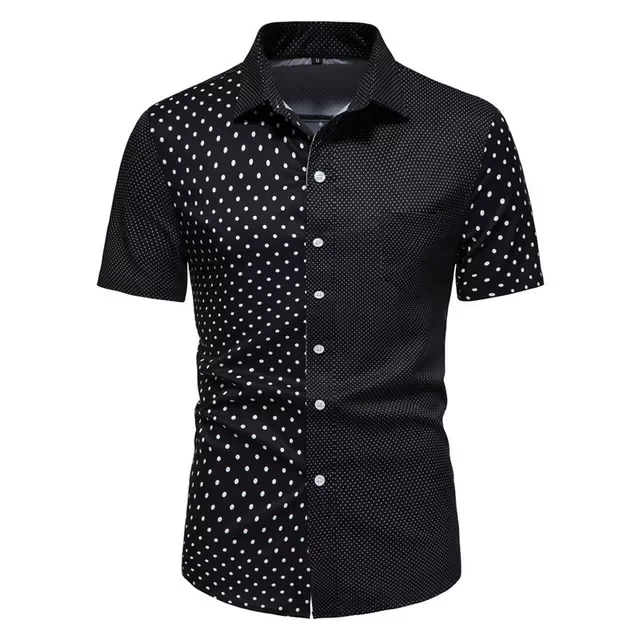 New2022 New Men's Slim Fit Polka Dot Printed Shirts Male Summer Black White Short Sleeve Shirt Tops S-2XL