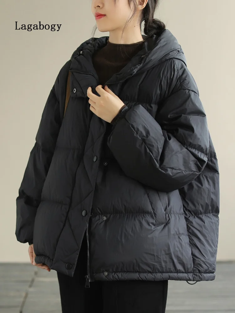 

Lagabogy 2022 New Winter Hooded Jacket Women Feather Thick Warm Short 90% White Duck Down Coat Female Causal Loose Pocket Parkas