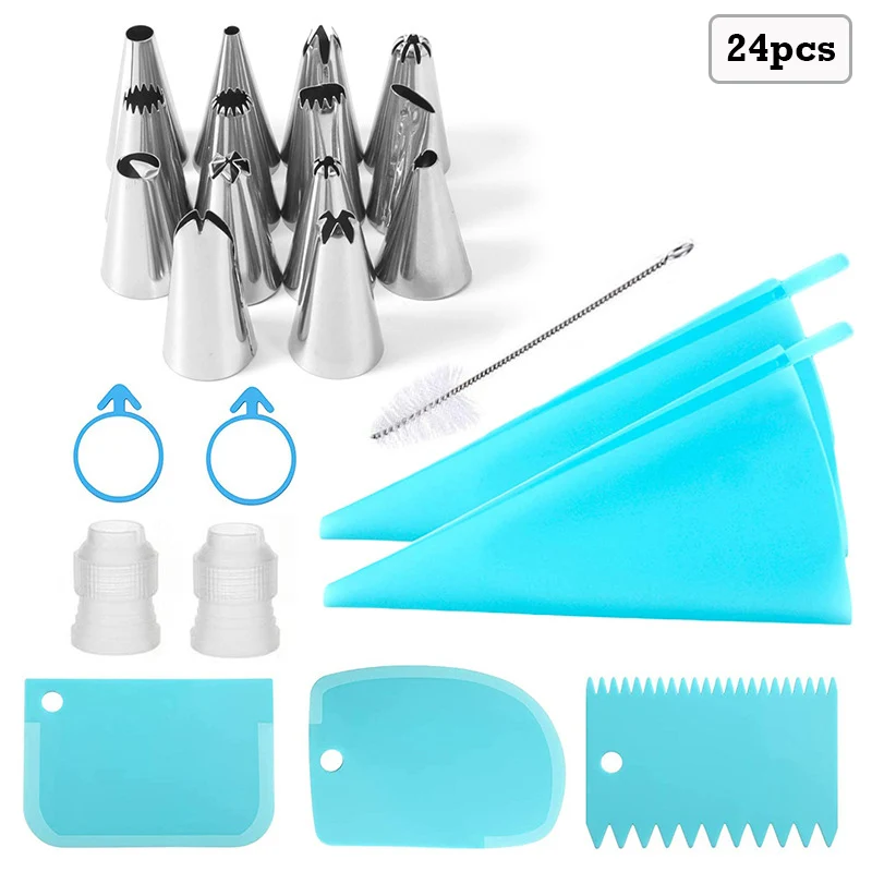 

24pcs/set DIY Cake Decorating Tools Stainless Steel Nozzle Reusable Pastry Bag Kitchen Accessories Cupcake Snack Baking Tool